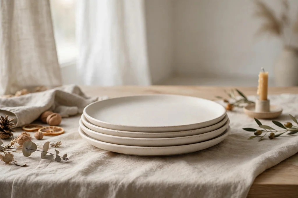 Modern Minimalist Thanksgiving Decor for a Chic Clean Table 7 Stoneware dinner plates in warm white stacked on a minimalist holiday table.