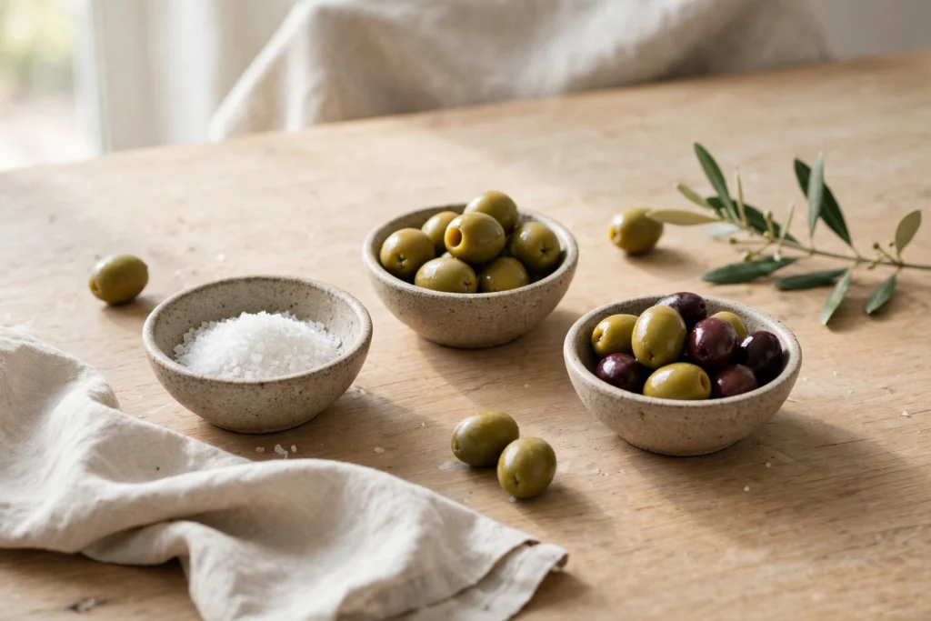 Modern Minimalist Thanksgiving Decor for a Chic Clean Table 19 Stoneware pinch bowls with salt and olives on a minimalist Thanksgiving table.