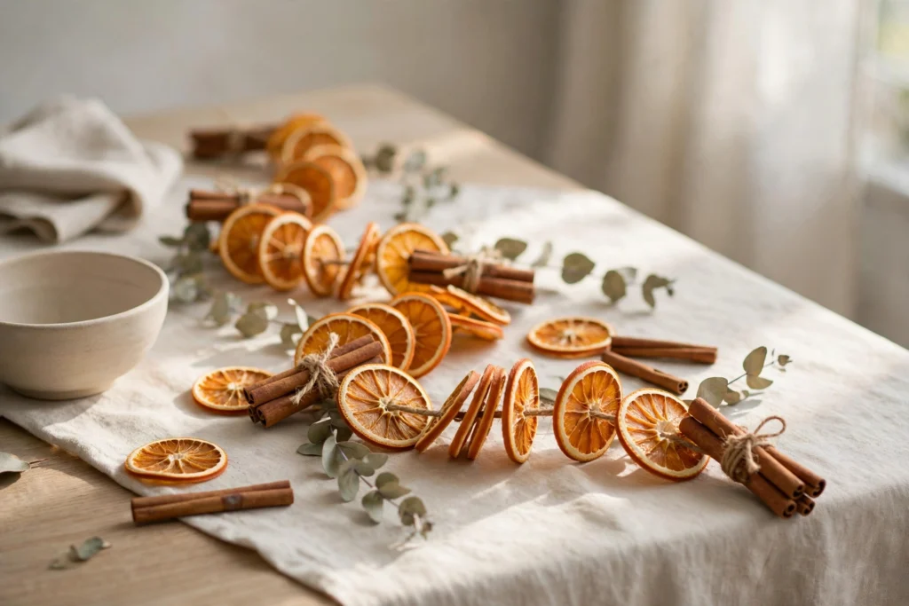 Fragrant dried orange slice garland with cinnamon sticks draped elegantly nearby.