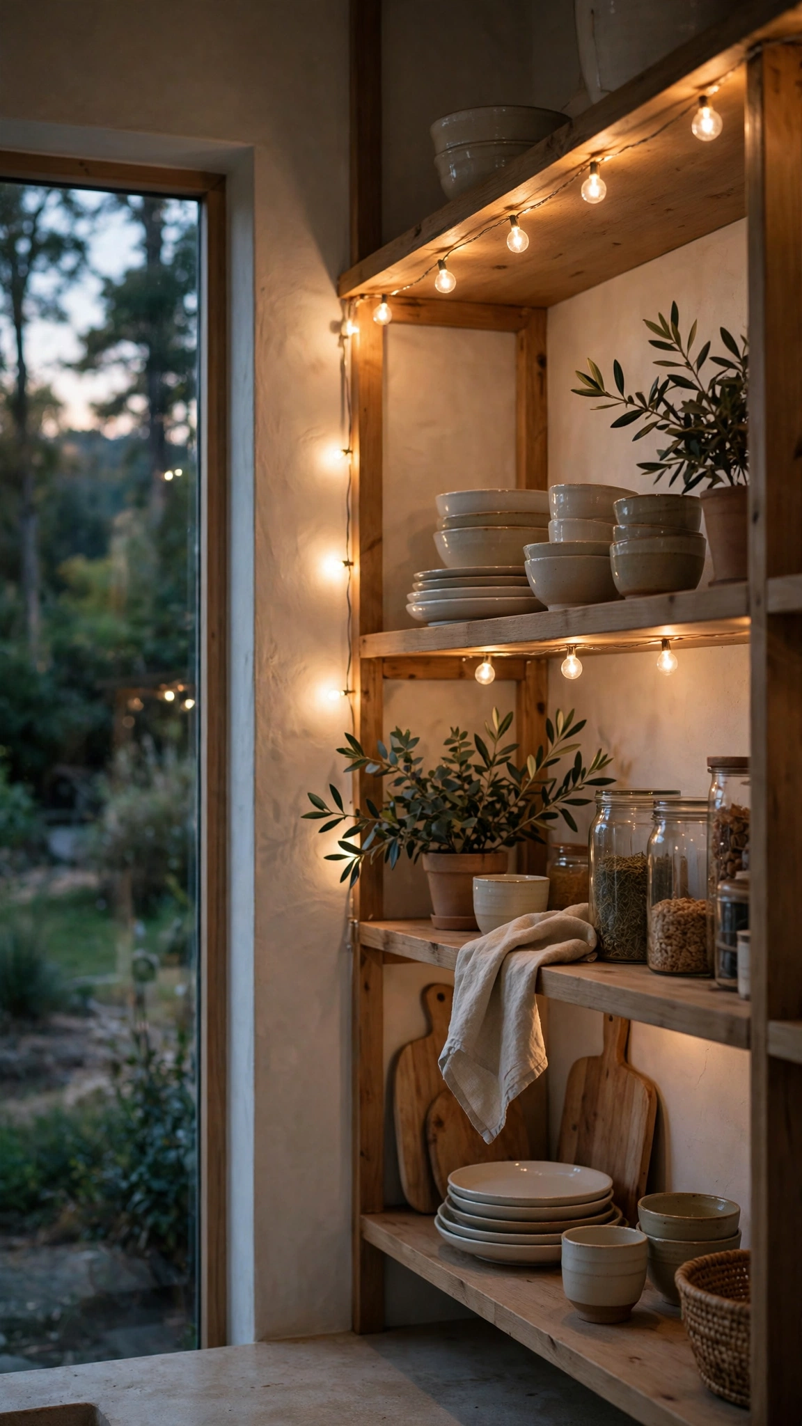 Christmas Kitchen Decor Ideas for a Festive Cozy Space 9 Warm string lights glowing along open kitchen shelving in the evening light.