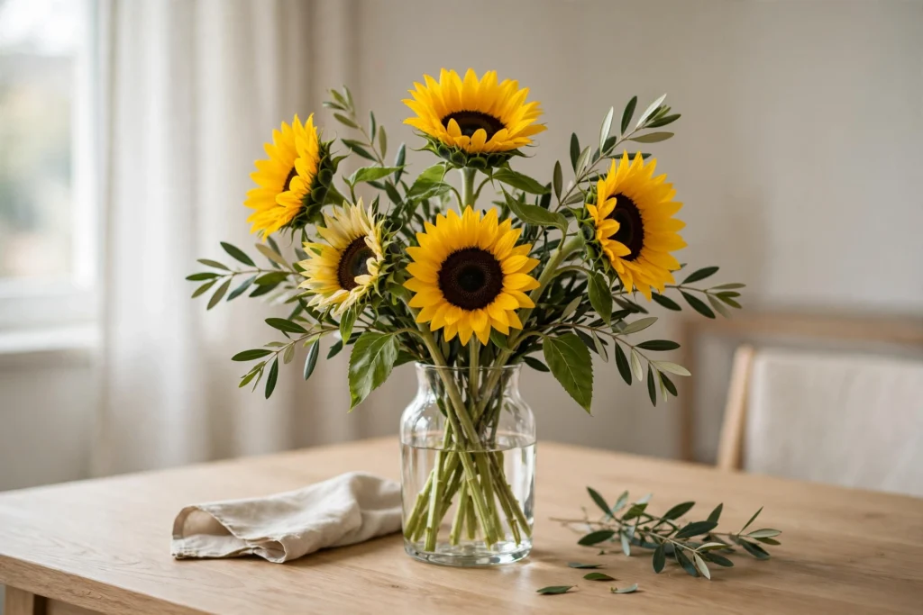 Turkey Day Decor Ideas for a Cozy Festive Home 24 Tall sunflower stem bouquet in a glass vase brightening a dining table.