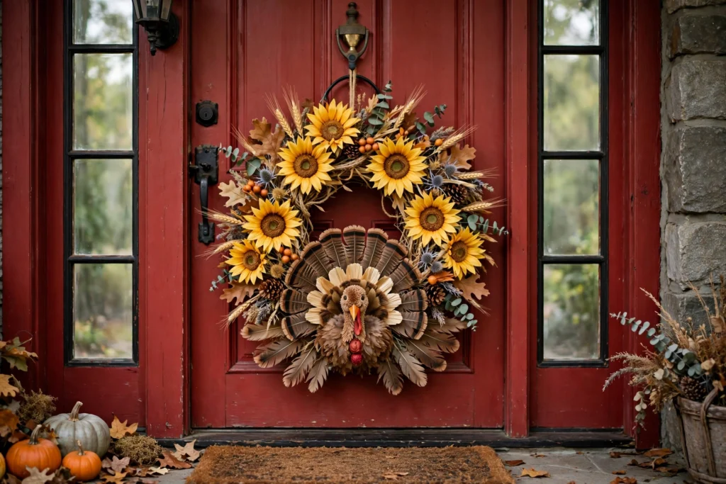 Sunflower turkey wreath with golden petals hanging on red front door entryway.