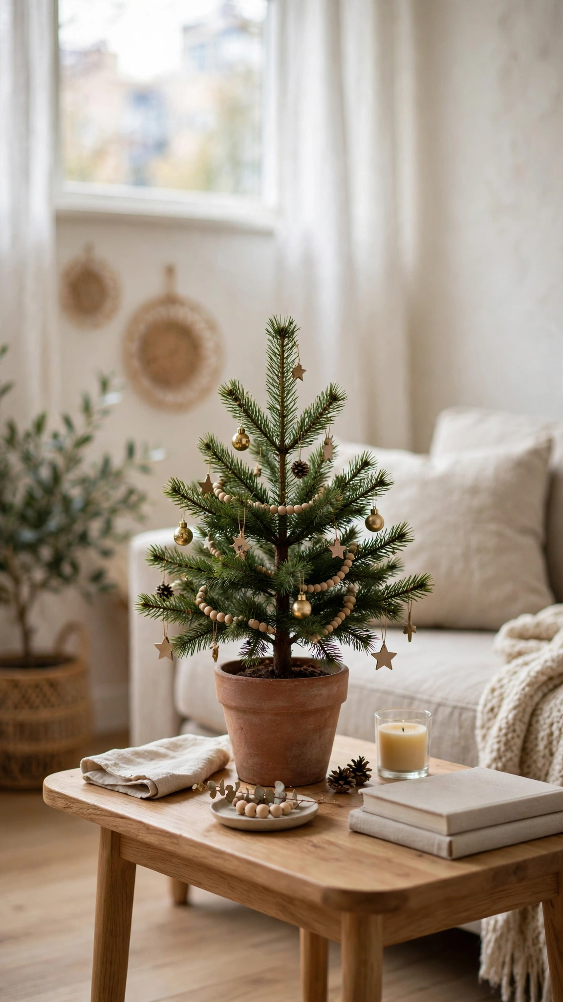 Potted pine tree with tiny ornaments styled on a rented living room side table.