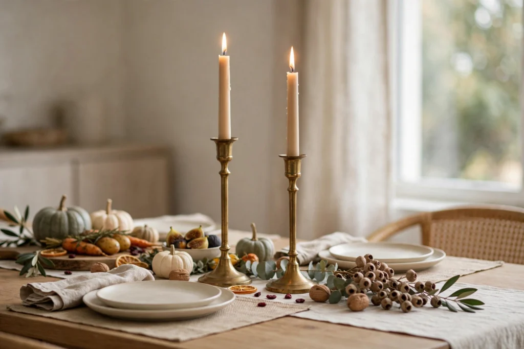 Brass candlesticks with glowing taper candles styled on a holiday dining table.