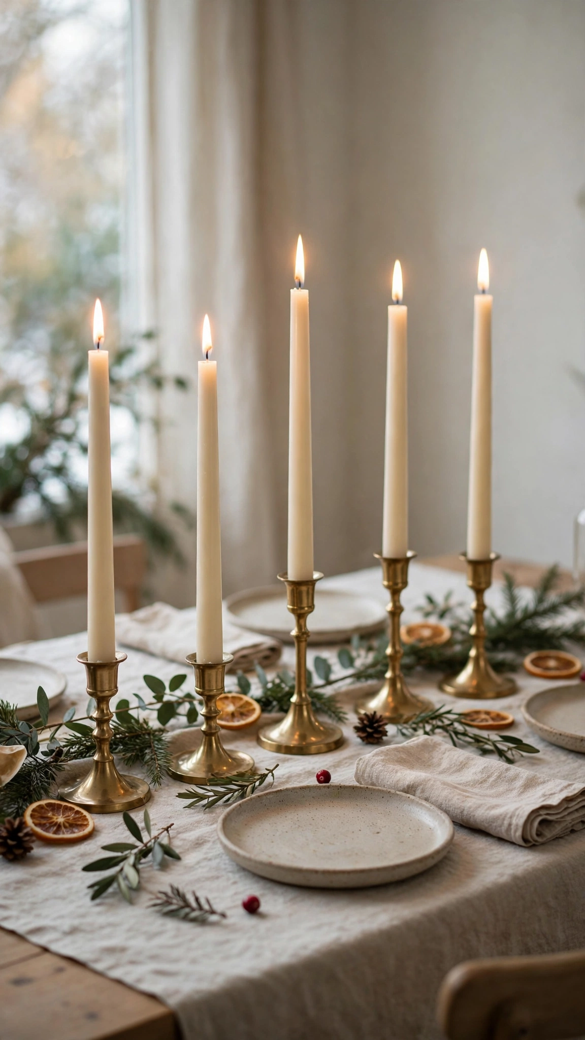 Tall taper candles glowing in brass holders above a festive Christmas dinner table.
