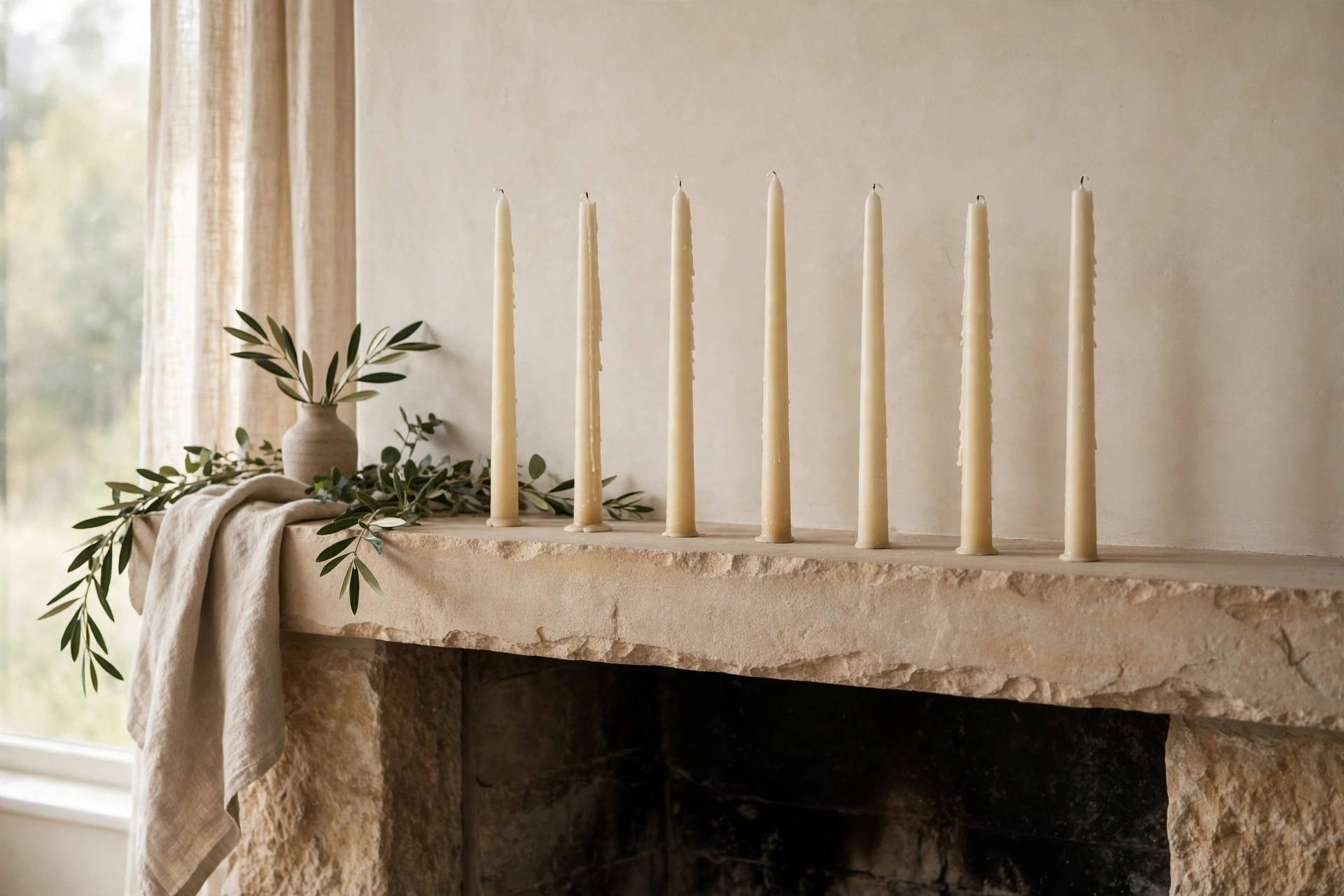 Row of taper candles creating rhythm and light on a mantel.