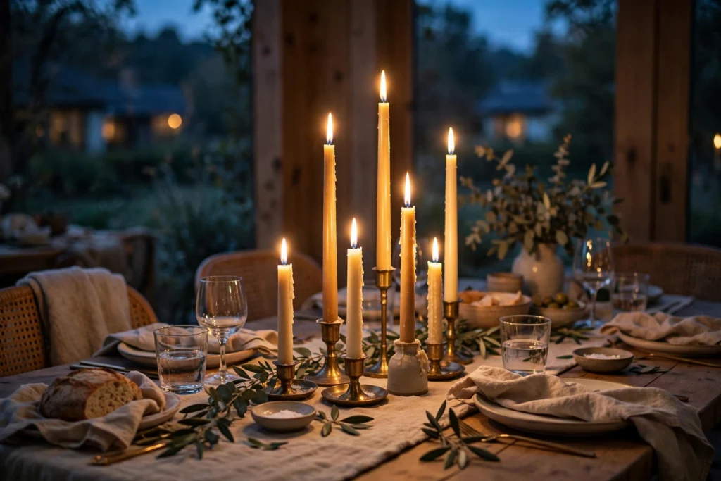 Friendsgiving Decor Ideas for a Fun Festive Party 5 Taper candles of varied heights glowing softly on a dinner table at dusk.