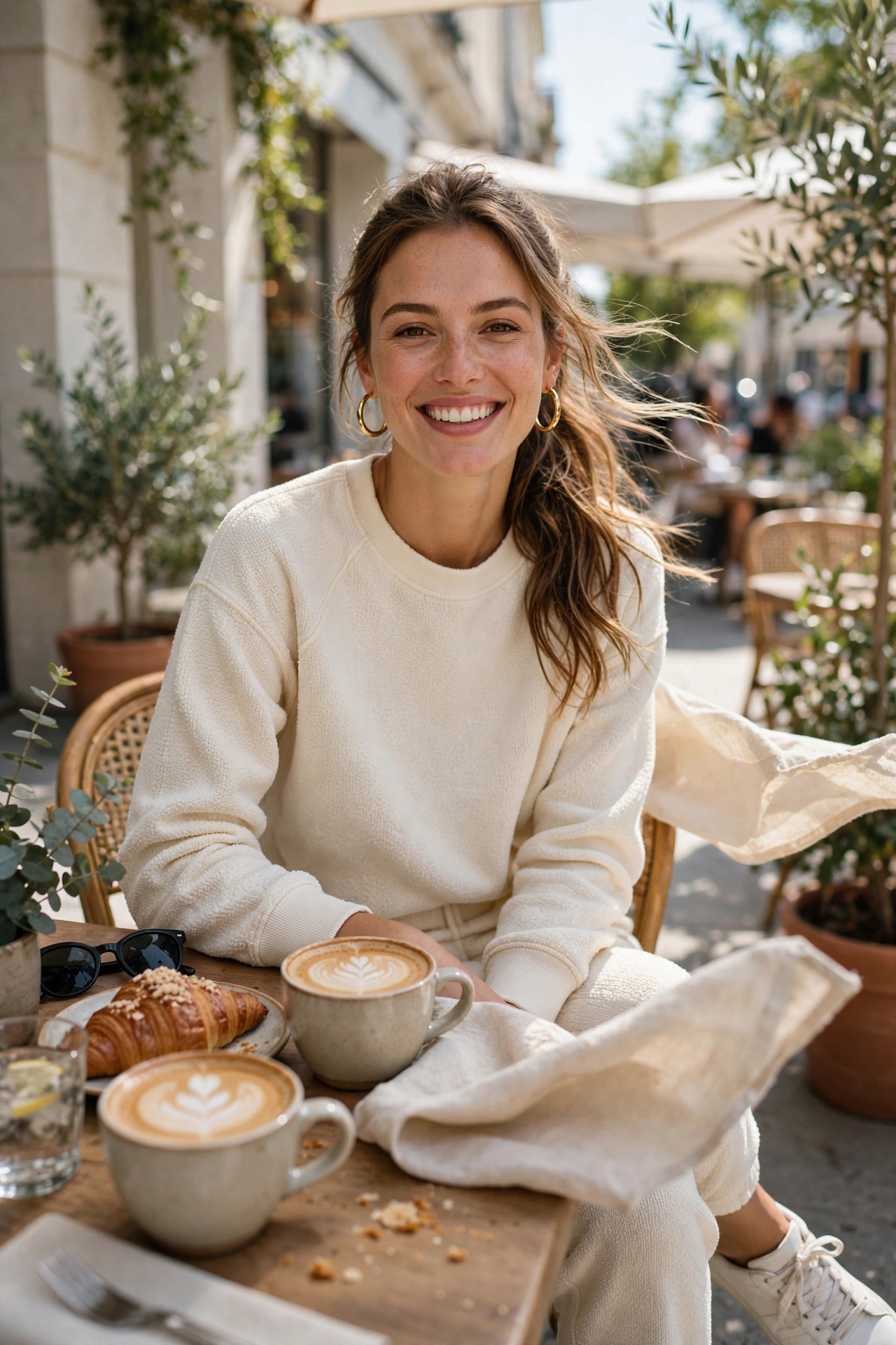 Woman in a cream terry sweatsuit with white sneakers at a sunny café patio.