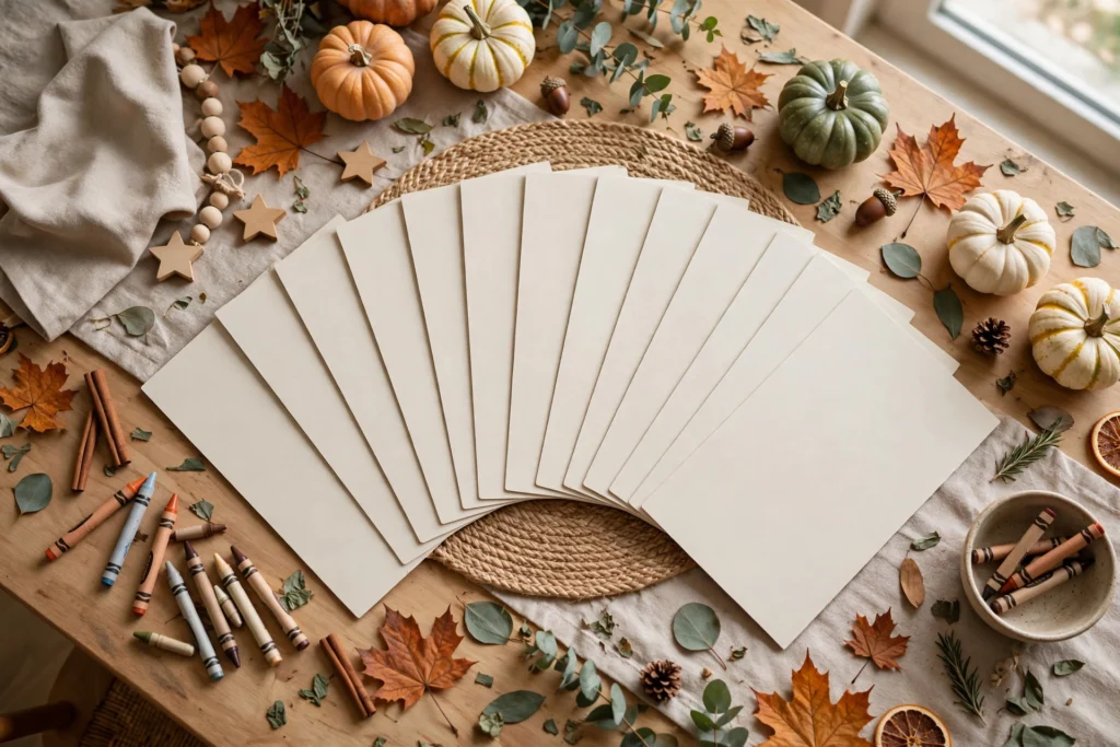 Conversation prompt cards fanned at the center of a children's Thanksgiving table
