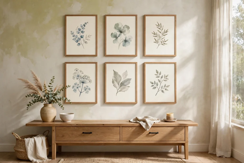 Gratitude and Thankful Themed Decor for Your Thanksgiving Home 14 Framed wall art print set in a loose grid above a console