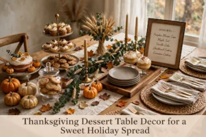 Dining room dessert table with tiered stand, candles, pumpkins, and harvest accents.