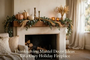 Cozy Thanksgiving mantel styled with garland, candles, pumpkins, and wheat.