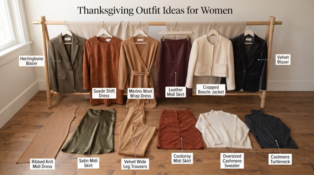 Thanksgiving outfit ideas for women featuring knit dresses, velvet trousers, blazers, and satin skirts