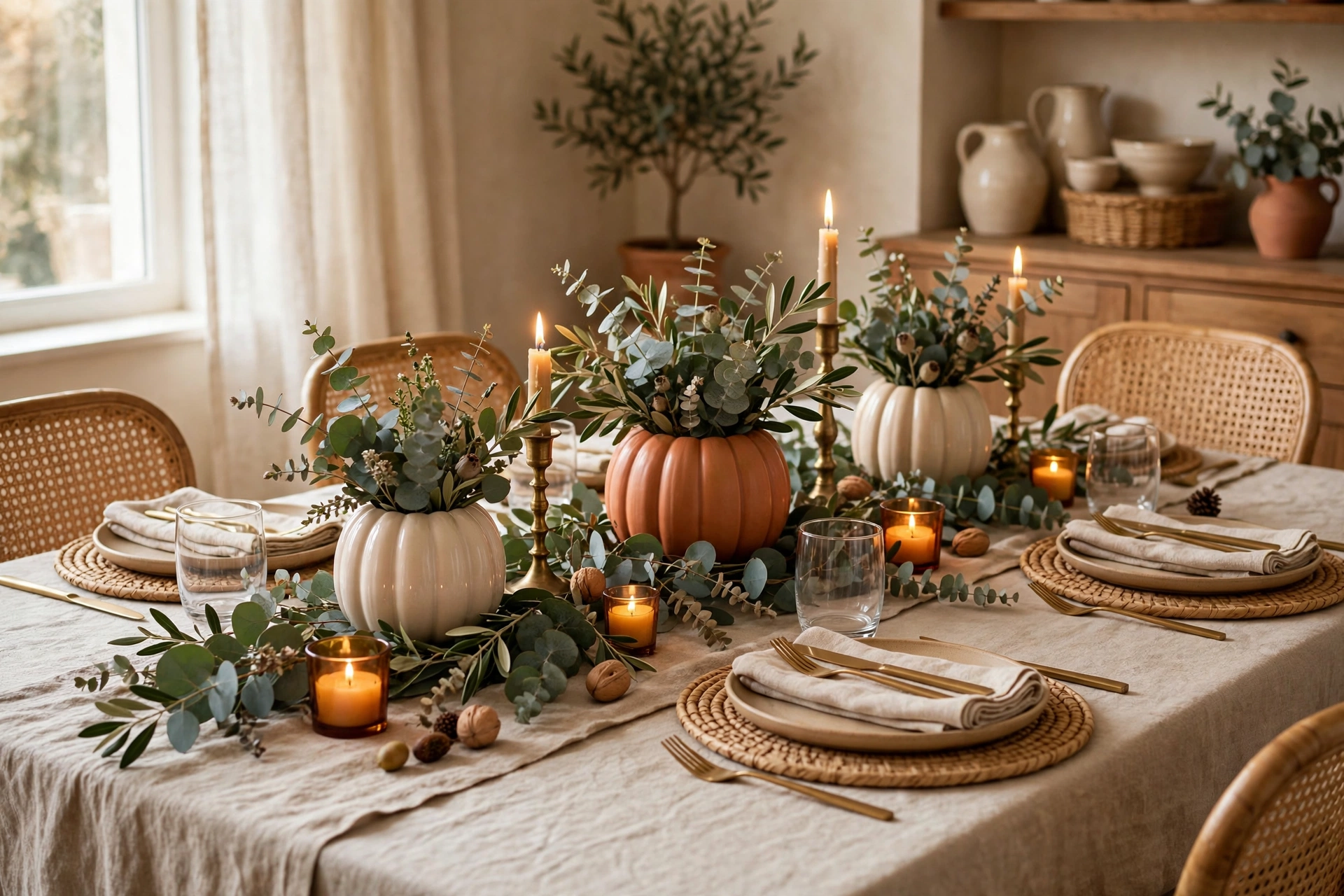 Elegant Thanksgiving dining table styled with linen runner, candles, pumpkins, and eucalyptus garland.