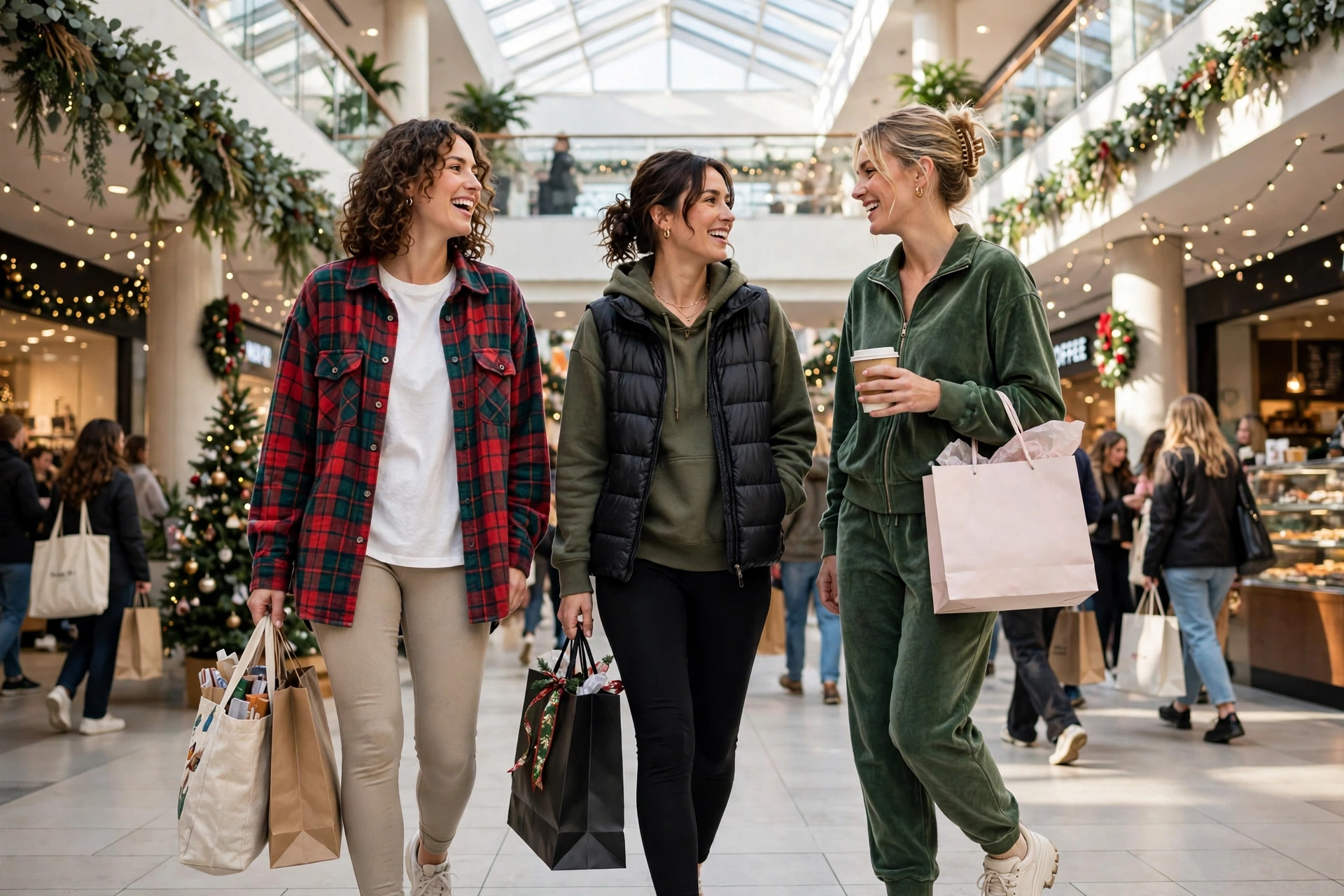 Three friends in cozy weekend outfits shopping together in a holiday mall.