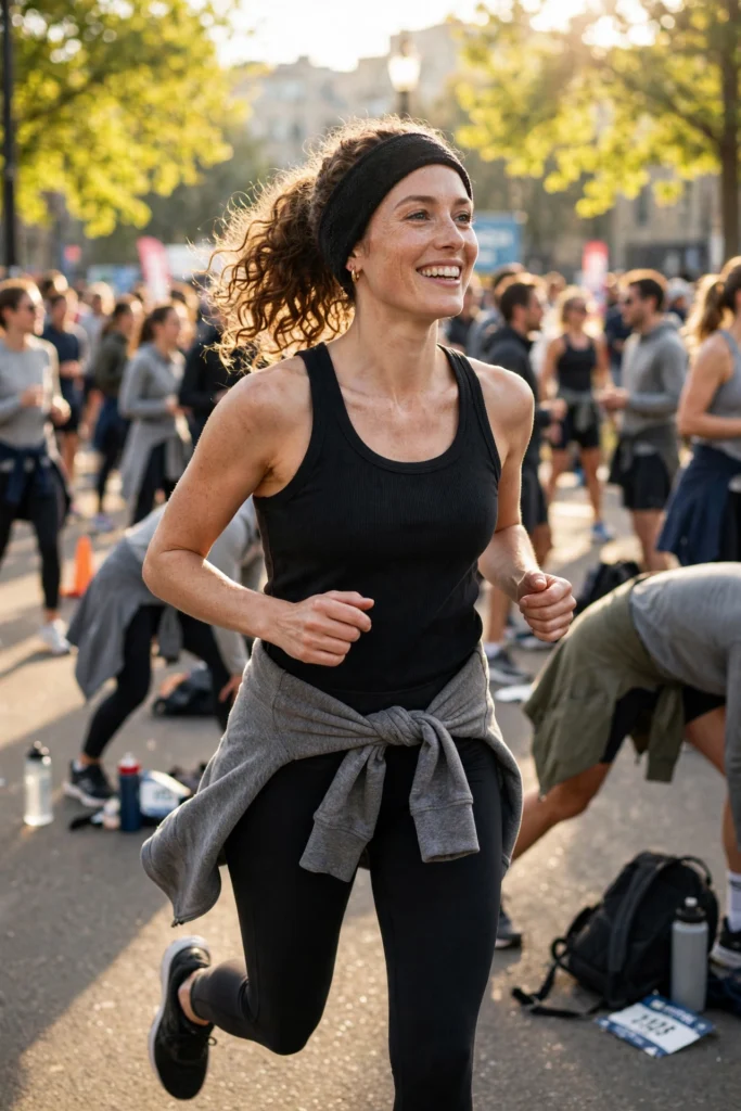 Smiling runner in a thermal headband with a fleece tied at her waist.