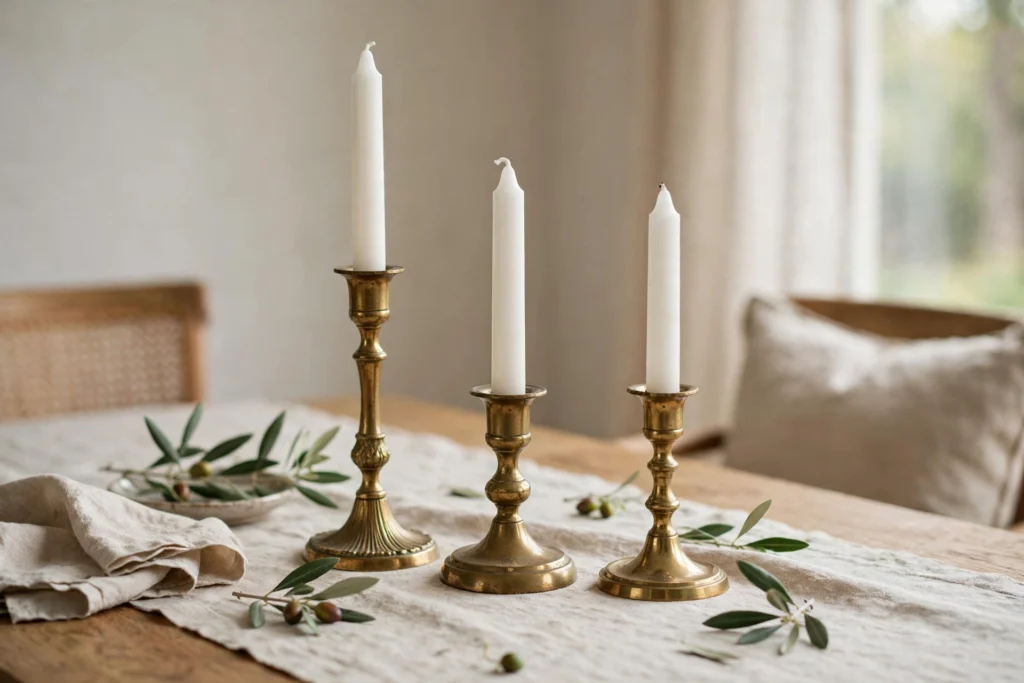 Budget Thanksgiving Tablescape Ideas That Still Look Elegant 2 Thrifted brass candlesticks with white tapers styled elegantly on a table.