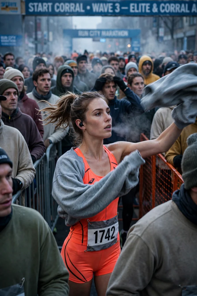 Runner tossing a throwaway sweatshirt aside at a crowded race start corral.