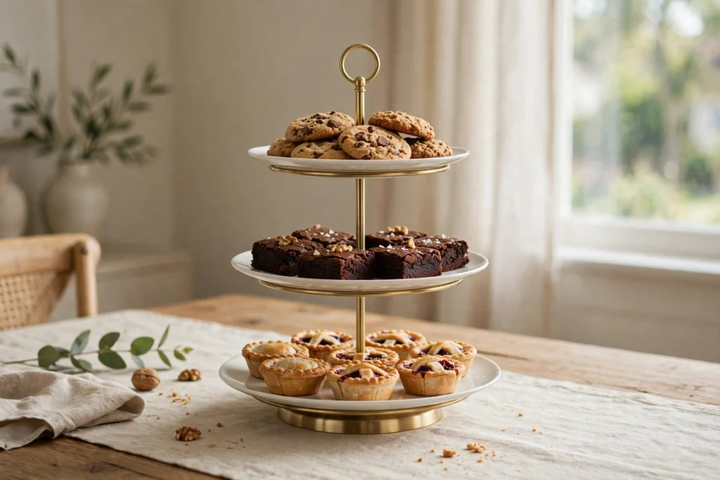 Three-tier serving stand displaying cookies and mini pies on a dining room table.