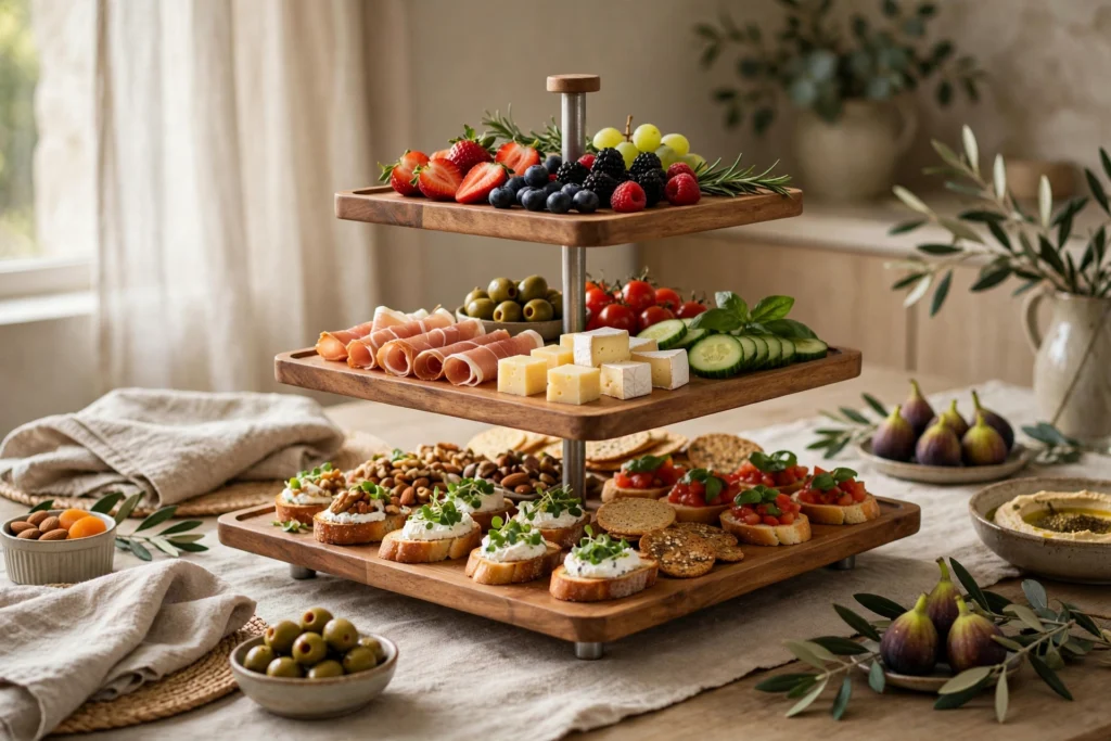 Friendsgiving Decor Ideas for a Fun Festive Party 12 Tiered wooden serving tray stacked with appetizers and fruit on a buffet table.