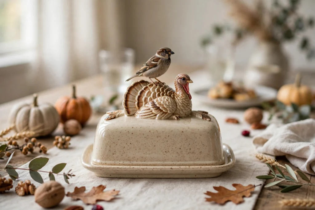Lidded turkey butter dish topped with a tiny perched bird on a table