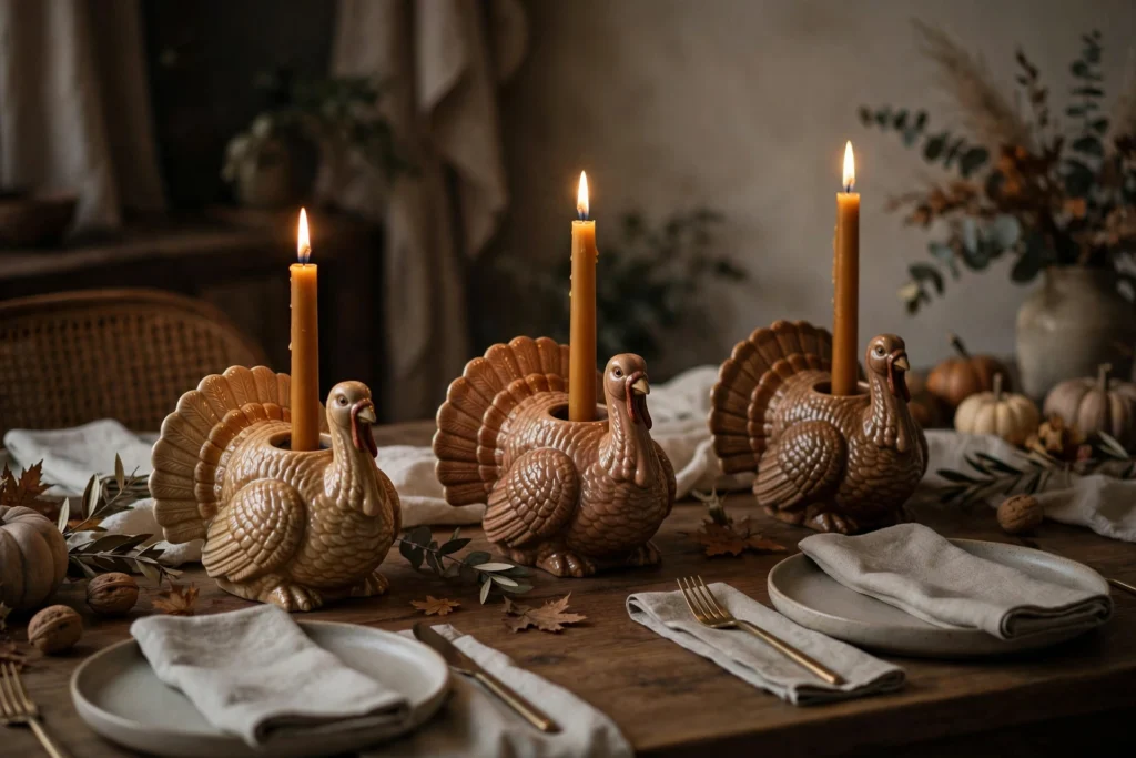 Turkey candle holders with amber tapers glowing on a dim Thanksgiving dining table