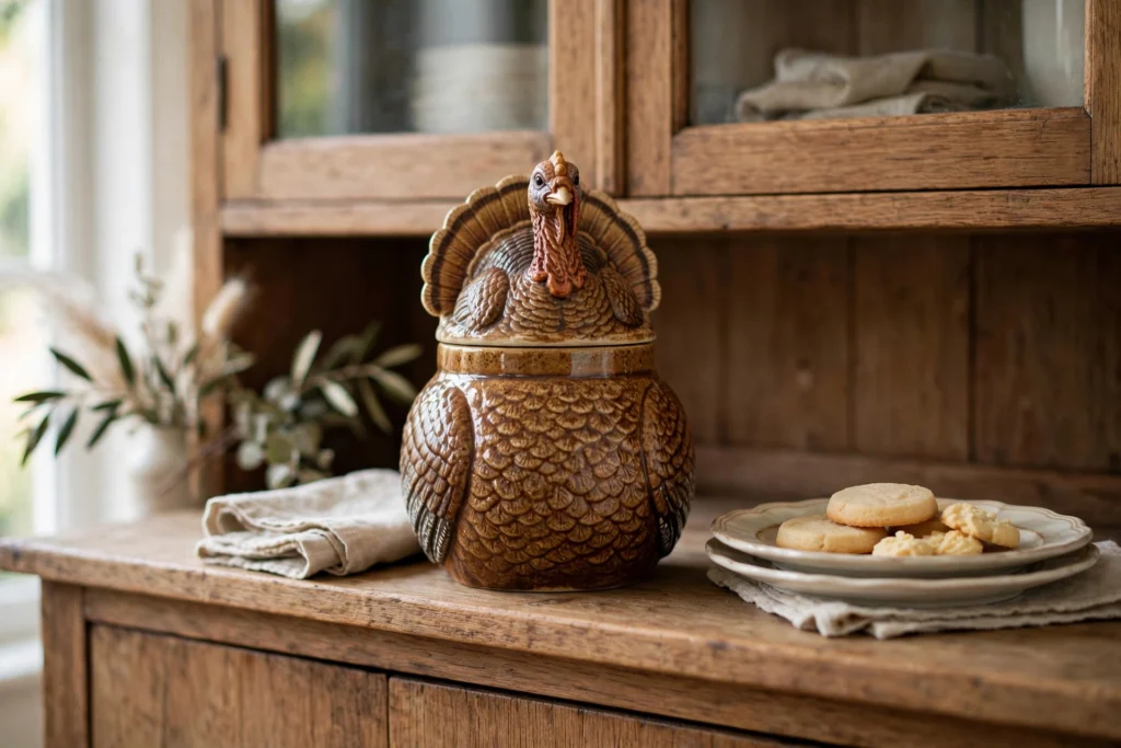 Turkey cookie jar with sculpted bird lid on a hutch shelf beside dessert plates