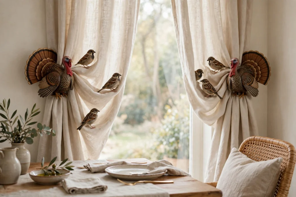 Turkey curtain tiebacks with small feathered birds gathering soft dining room drapes