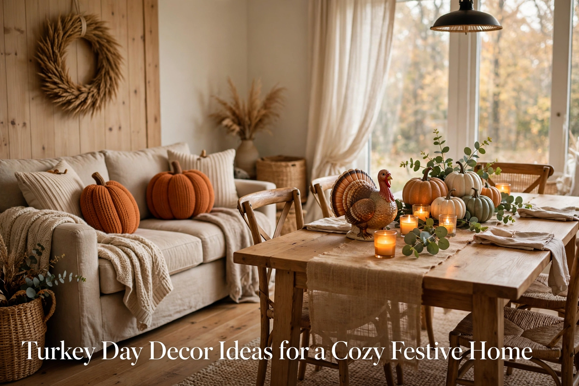 Cozy Thanksgiving home styled with turkey figurine, wreath, glowing candles, and harvest table accents.