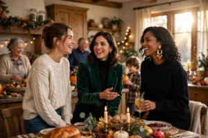 Three women in cozy turkey day outfits celebrating in a sunlit family home.