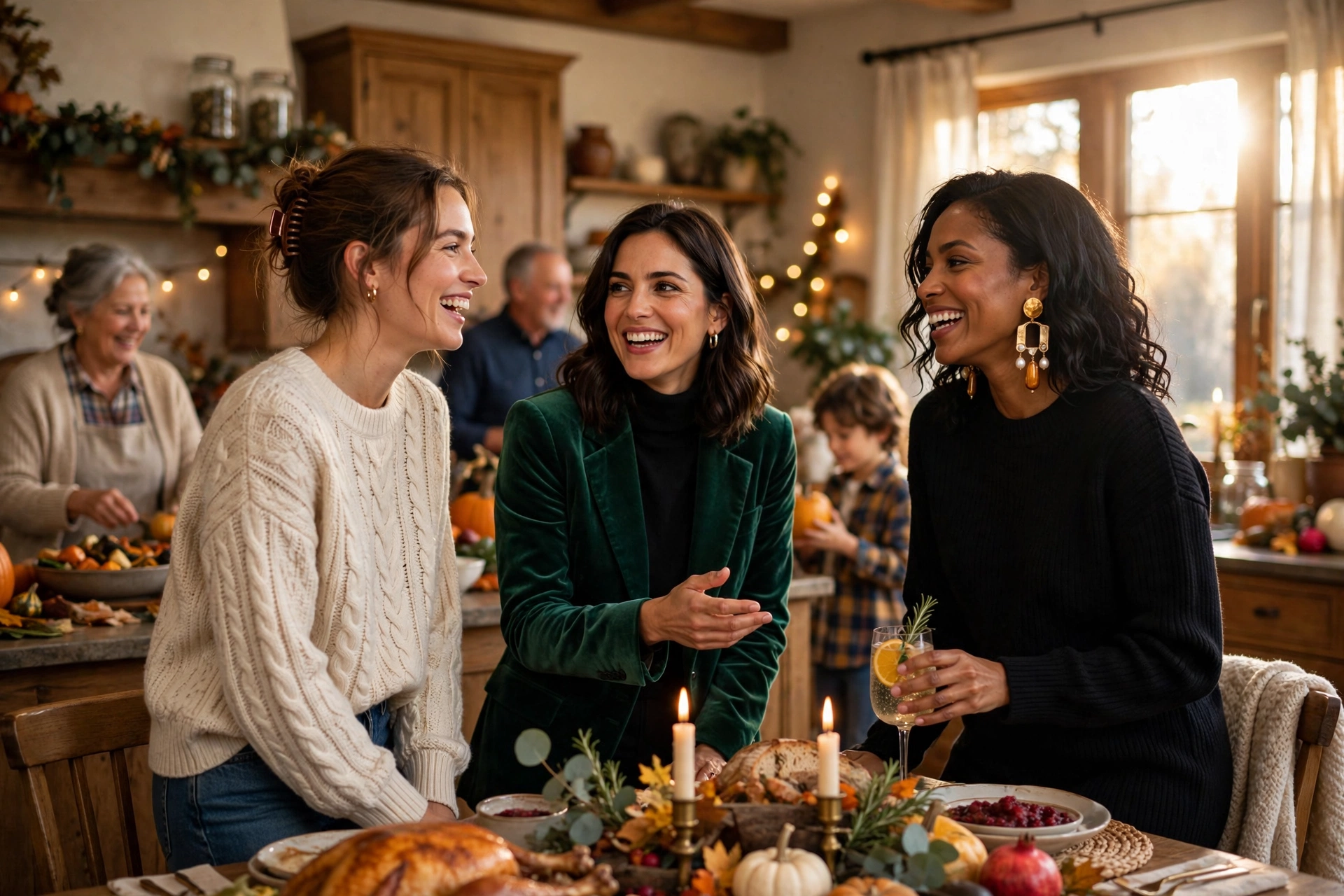 Three women in cozy turkey day outfits celebrating in a sunlit family home.