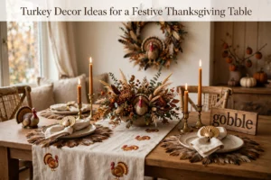 Festive Thanksgiving dining room with turkey figurines, embroidered runner, candlelight and harvest accents