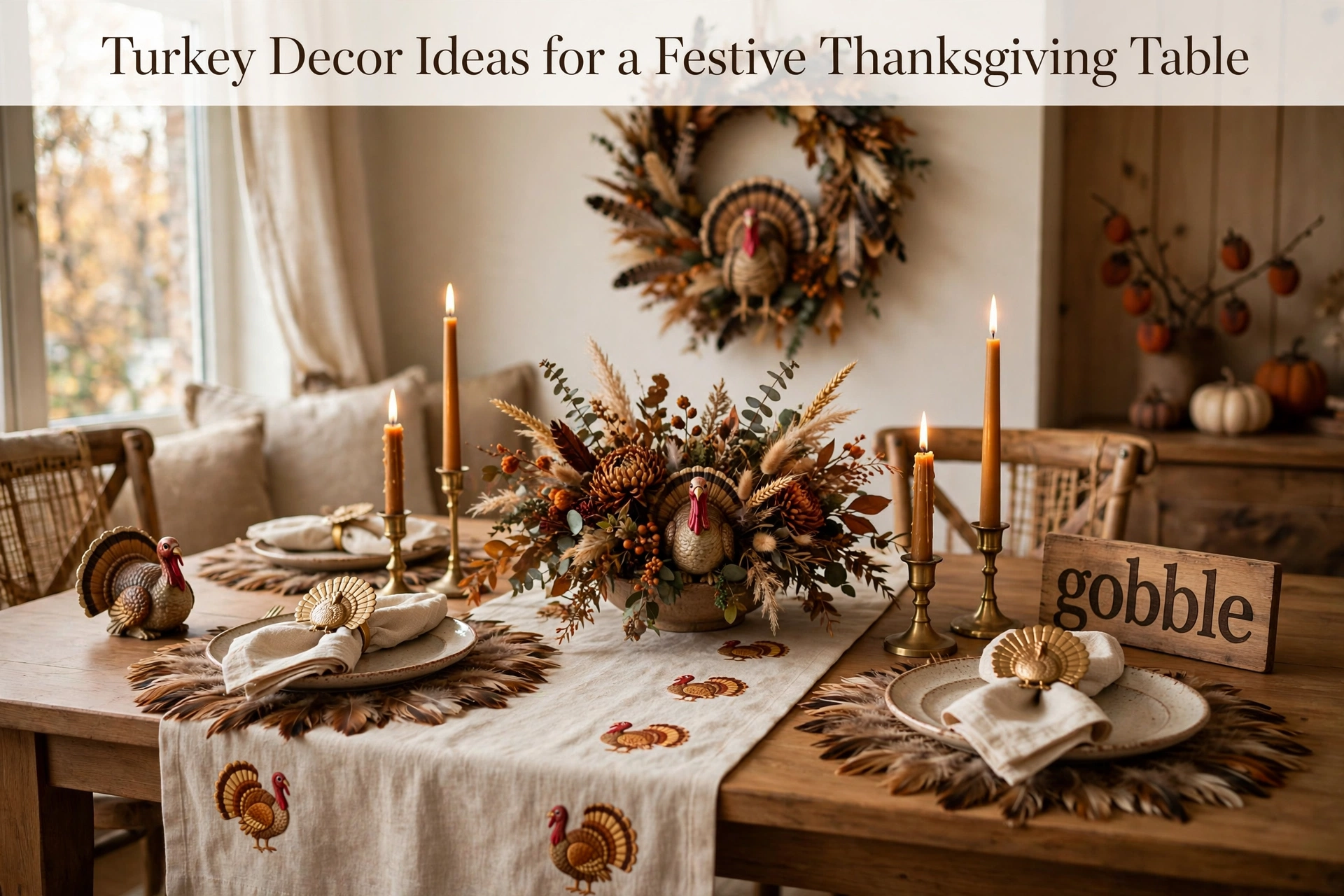 Festive Thanksgiving dining room with turkey figurines, embroidered runner, candlelight and harvest accents