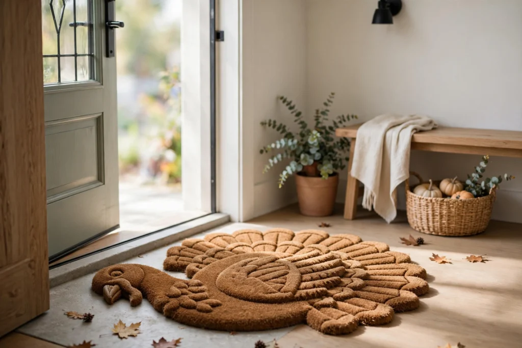 Coir turkey door mat with a seasonal greeting at a welcoming front entrance