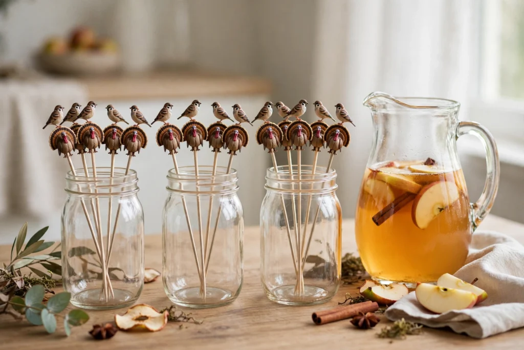 Turkey drink stirrers topped with tiny birds arranged in mason jars by cider