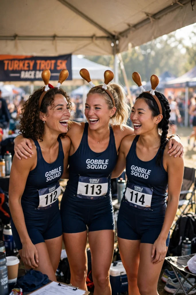 Three laughing teammates in turkey drumstick headbands and matching navy race singlets.