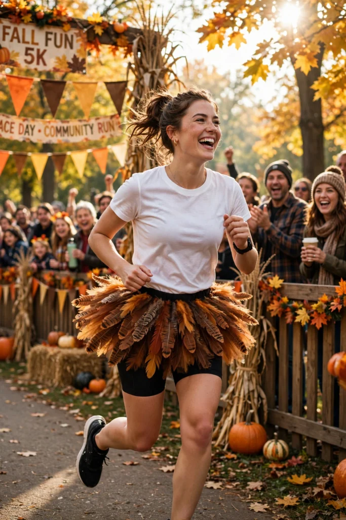 Laughing runner in a turkey feather tutu racing past cheering spectators on Thanksgiving.