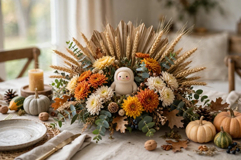 Turkey floral centerpiece with mums, wheat and eucalyptus around a small figure