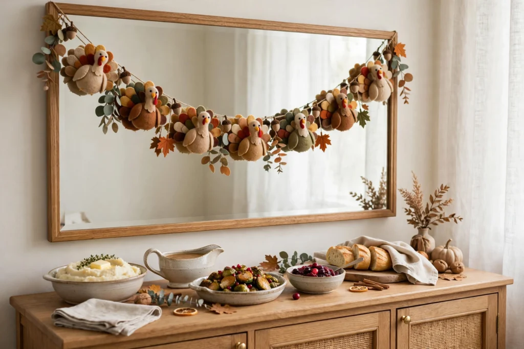 Felt turkey garland draped across a sideboard mirror above Thanksgiving serving dishes