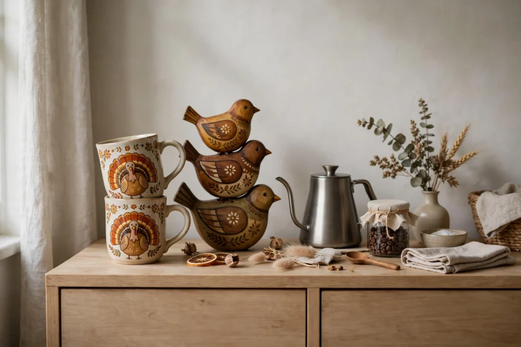 Turkey mug set with folksy harvest birds stacked on a sideboard coffee station