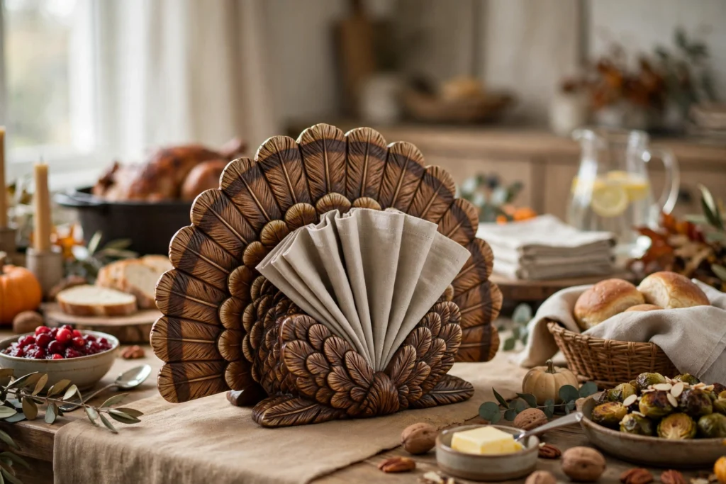 Turkey napkin holder shaped like a fanned tail on a Thanksgiving buffet table