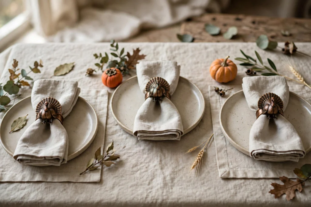 Bronze turkey napkin rings on folded linen napkins at each Thanksgiving place setting