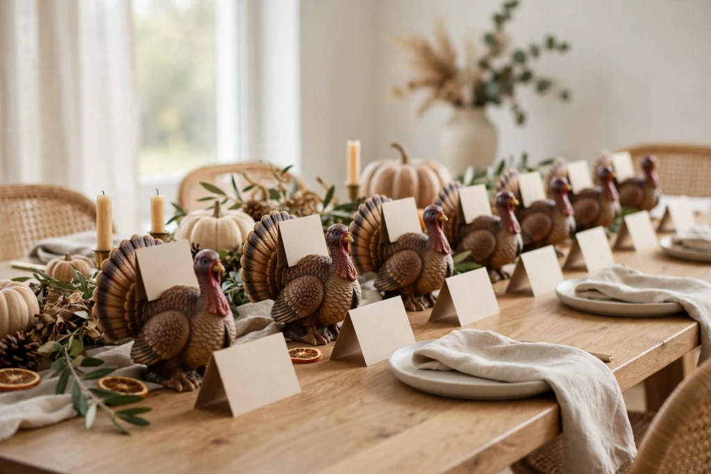 Turkey place card holders with handwritten name cards lined along a dining table