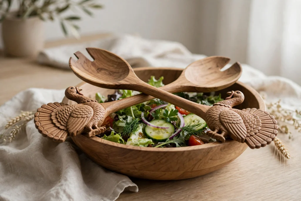 Wooden turkey salad servers with carved bird handles resting on a salad bowl