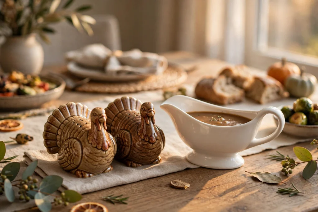 Turkey-shaped salt and pepper shakers beside a gravy boat on a set table