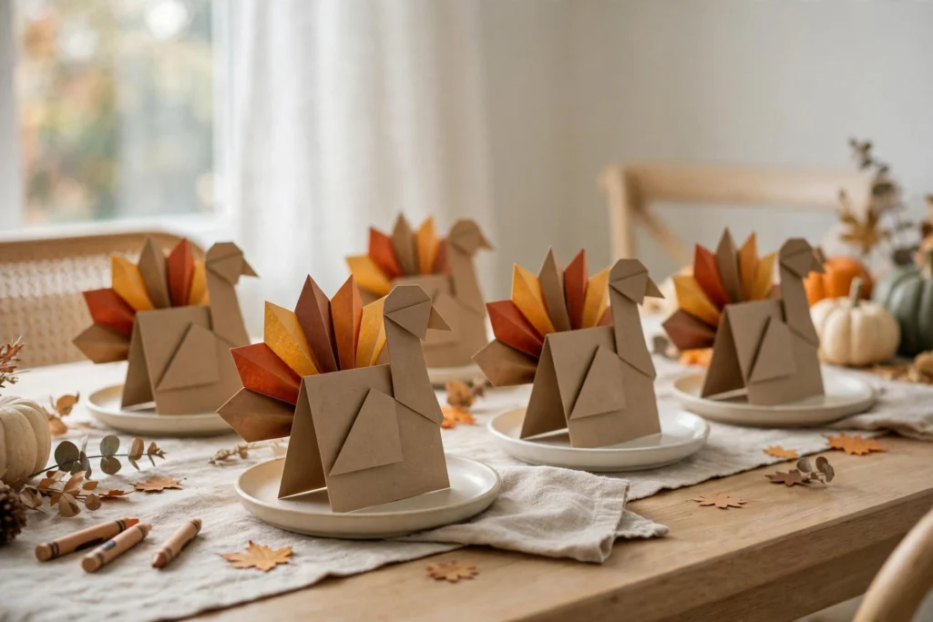 Folded turkey place cards standing on a children's Thanksgiving table beside small plates