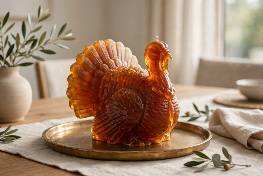 Deep amber turkey-shaped pillar candle styled as sculpture on a brass tray