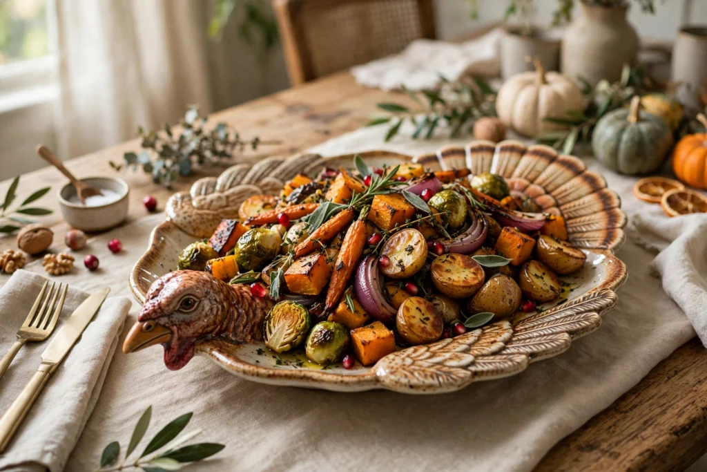Ceramic turkey-shaped serving platter holding roasted vegetables on a festive Thanksgiving table
