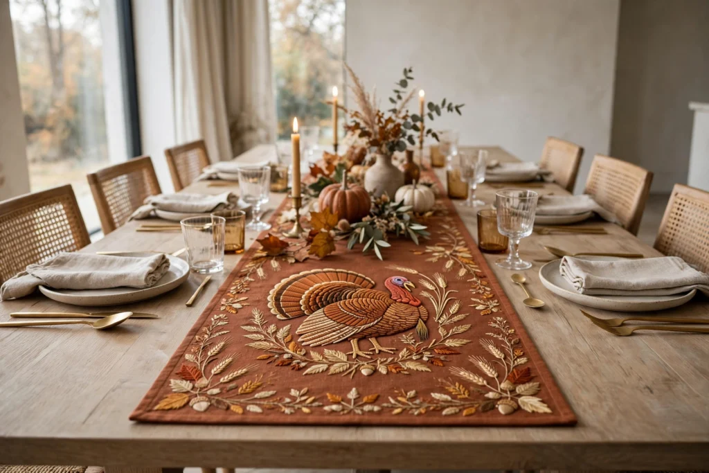 Embroidered turkey table runner in rust and gold centered on a long dining table
