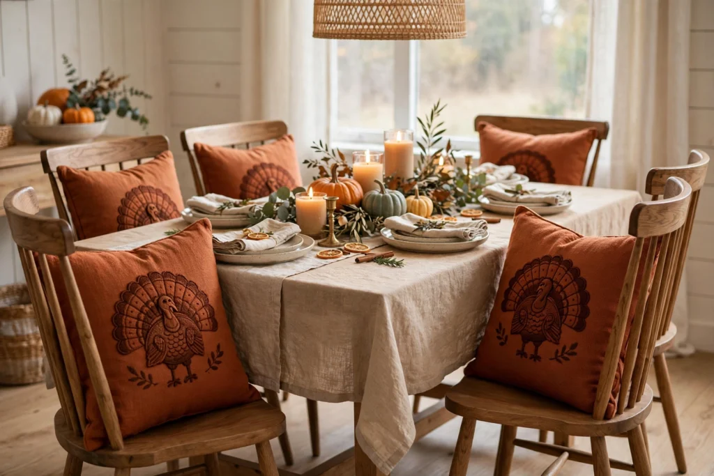 Wooden dining chairs dressed with rust-colored turkey throw pillows around a table